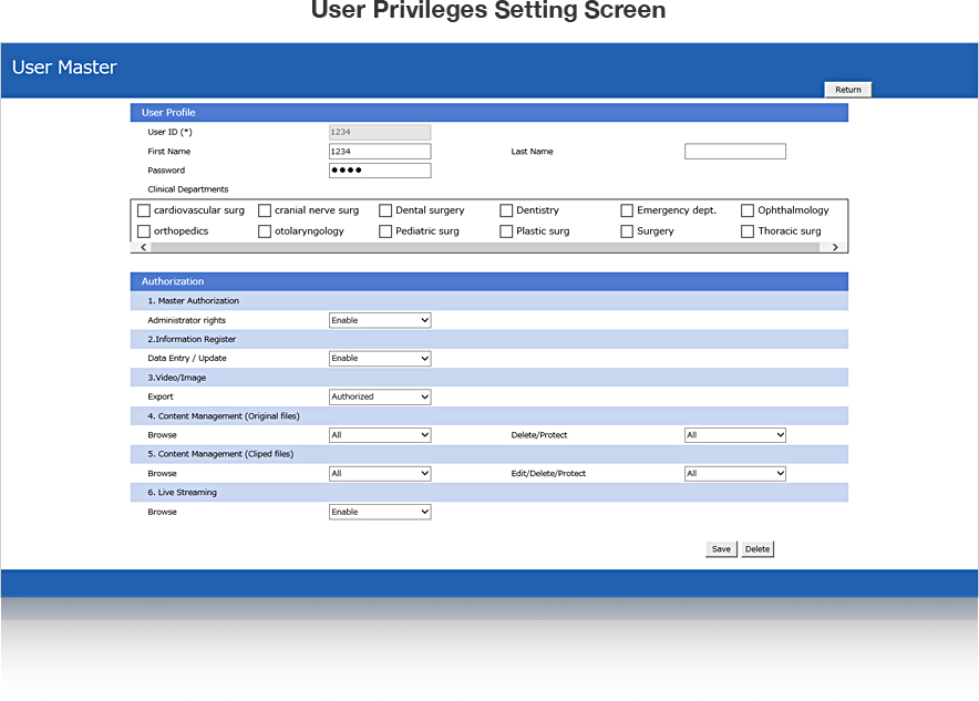 User Privileges Setting Screen