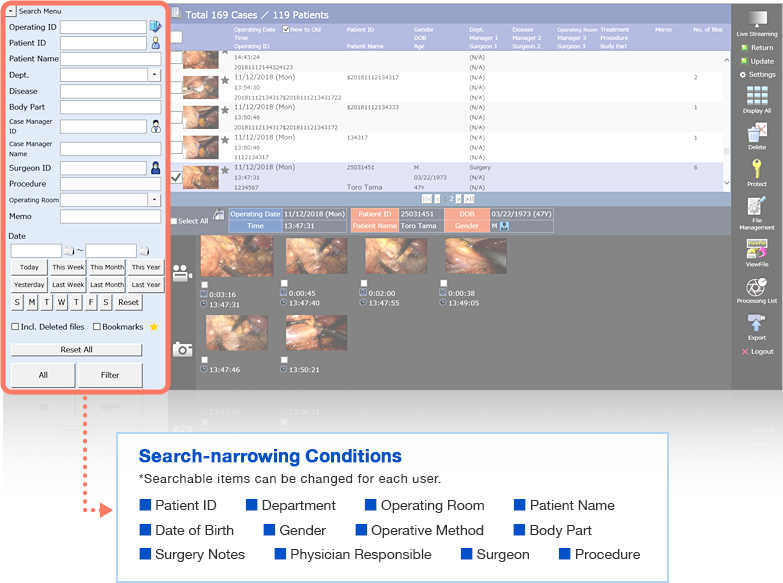 Filter the Surgeries Search-narrowing Conditions Patient ID/Department/Operating Room/Patient Name/Date of Birth/Gender/Operative Method/Body Part/Surgery Notes/Physician Responsible/Surgeon/Procedure